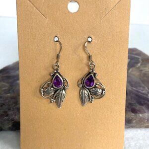 Sterling Silver 925 Southwest Style Amethyst Leaf Floral Foliage Dangle Earrings